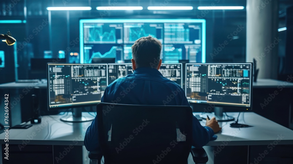 Poster man working in front of dual computer monitors generative ai