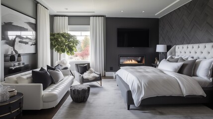 Master suite in crisp whites with graphite gray upholstered accent wall.
