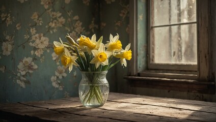 Beautiful daffodils displayed in a vintage glass vase on an old wooden table, evoking a feeling of nostalgia