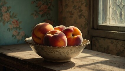 Obraz na płótnie Canvas A bowl of fresh ripe peaches on a rustic table evokes a warm, summer afternoon in the countryside