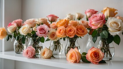Assorted pastel-colored roses, ranging from soft peach to delicate pink, gracefully arranged in clear vases lined on a pristine white shelf