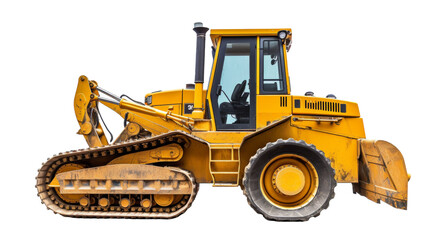 A powerful yellow bulldozer dominates a white background