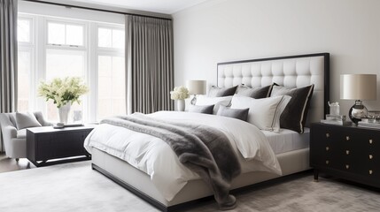 Master suite with eggshell white bedding and deep charcoal upholstered bed. - obrazy, fototapety, plakaty
