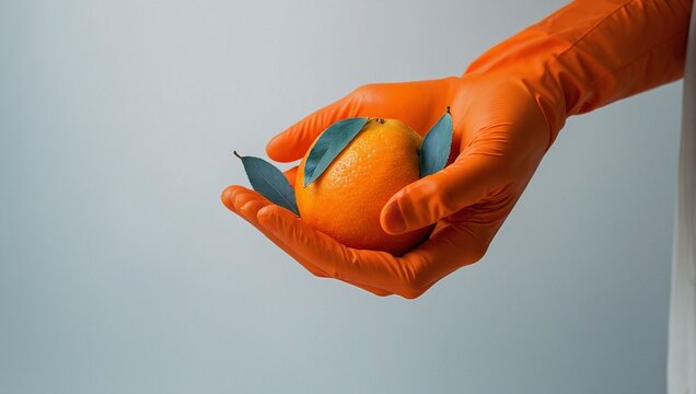 A hand covered with an orange rubber glove carefully presents a fresh orange, emphasizing hygiene and care in food handling