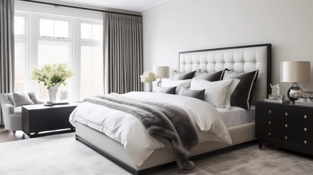 Master suite with eggshell white bedding and deep charcoal upholstered bed.