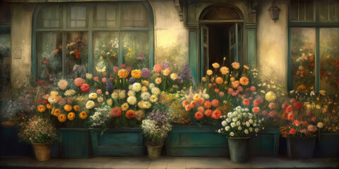 Fototapeta na wymiar Flower shop in Paris, France. Vintage style toned picture. Flowers in the Windows. Flower shop facade with flowers bouquets. Flower store in Retro Style. Beautiful floral background