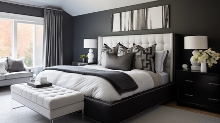 Fototapeta na wymiar Master suite with eggshell white bedding and deep charcoal gray upholstered bed.