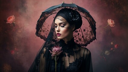 Dramatic and moody image of a woman dressed in Victorian mourning attire holding a lace parasol