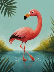 A playful and vibrant illustration of a pink flamingo standing in water with tropical foliage surrounding it
