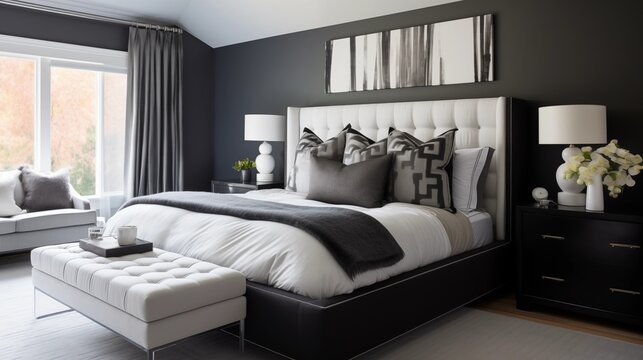 Master suite with eggshell white bedding and deep charcoal gray upholstered bed.