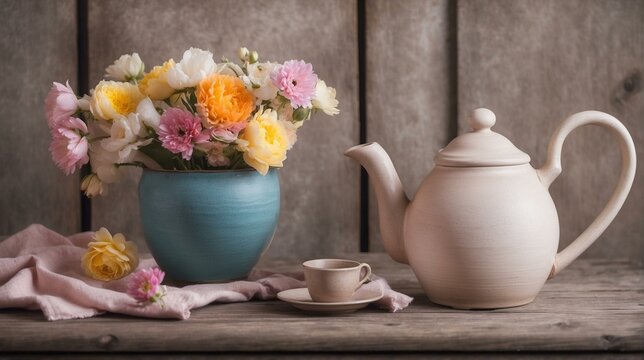 Charming still life of a vintage teapot, cup, and a vase filled with a colorful bouquet, exuding rustic elegance