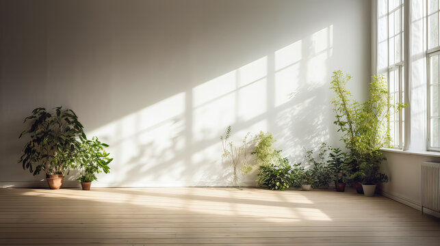 A room with a large window and several potted plants. The plants are arranged in a way that they cast shadows on the wall, creating a sense of depth and dimension. The room feels bright and airy
