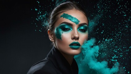 A high-impact photo featuring a woman with dramatic blue smoky makeup and a matching smoke effect