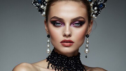 A portrait of a woman with sophisticated makeup and ornate headpiece, conveying luxury and beauty