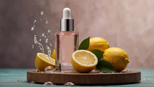 A cosmetic serum bottle surrounded by splashing water and fresh lemons, depicting beauty and skincare concepts