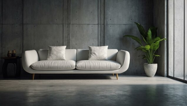 A minimalist styled image with a chic white sofa centered in a spacious room with concrete walls and a potted plant
