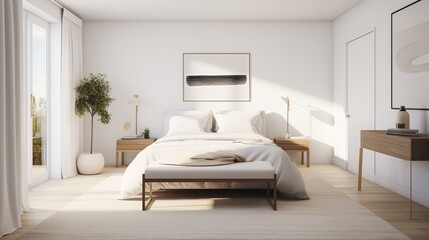 Fototapeta na wymiar Minimal Scandinavian primary bedroom with clean lines, neutral hues, and functional design details.
