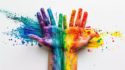 Fotobehang concept of Belonging Inclusion Diversity Equity DEIB or lgbtq,  group of multicolor painted people hands of different cultures and skin, on white background  © Mahnoor