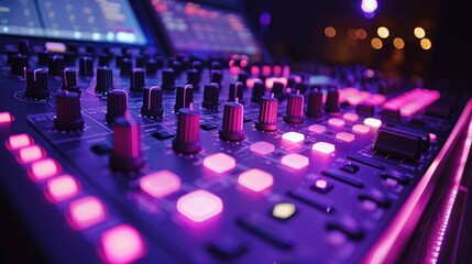 Fototapeta na wymiar Close-up of music controller DJ mixer with neon light