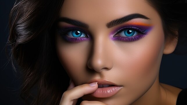 Beautiful face woman with make up and color nails. Manicure design.