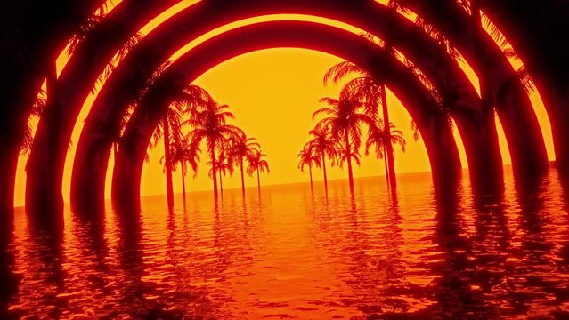 An alley of palm trees standing in the water against an abstract glow sun. 3d render. Fantasy landscape