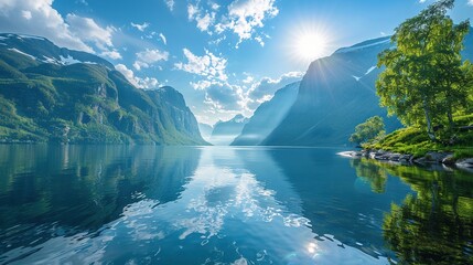 Beautiful nature with blue sky, reflection in water, rocky beach. Portrait landscape of Norway - obrazy, fototapety, plakaty