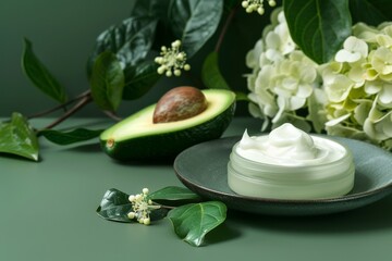 Natural moisturizing cream with avocado extract for skin care with fruit and leaves on plate and green isolated background. Horizontal composition. Front view.