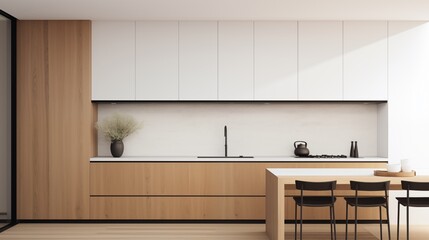 Minimalist white kitchen with sleek flat-front cabinets, black matte hardware, and warm wood accents.