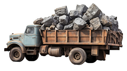 A truck carrying a heavy load of rocks in the back, ready to deliver them to their destination
