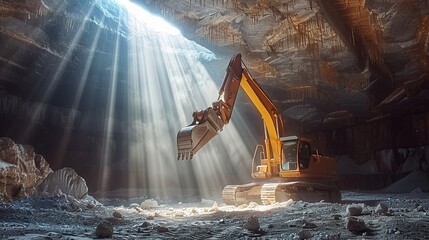 Portrait a yellow excavators in mines with sunlight - obrazy, fototapety, plakaty