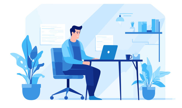 Man freelancer sitting on a chair behind a desk and working on a laptop in the office, vector illustration in blue colors on white background