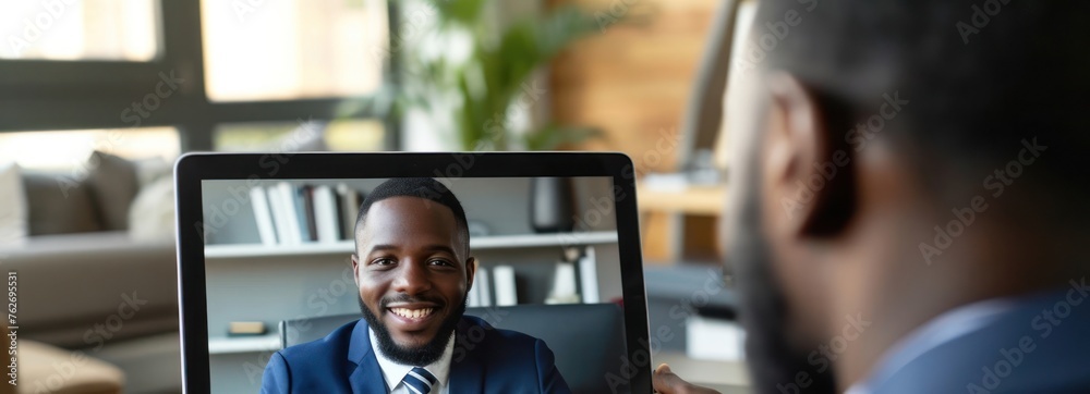 Poster man working on laptop computer generative ai
