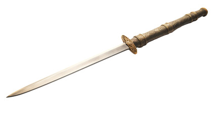 A large knife with a gold handle displayed on a white background