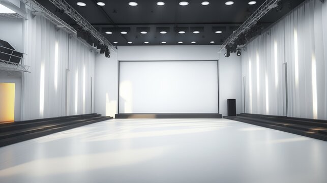 Modern regional theater with bright white walls and matte black stage equipment.