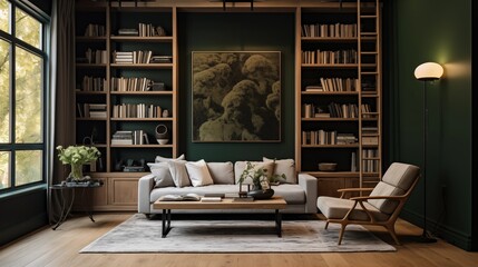 Moody dark green walls with light oak hardwood floors and white built-in bookshelves.