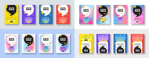 Obraz premium Poster templates design with quote, comma. Weekend Sale tag. Special offer price sign. Advertising Discounts symbol. Weekend sale poster frame message. Quotation offer bubbles. Vector