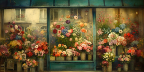 Fototapeta na wymiar Flower shop window in Paris, France. Colorful bouquets of Flowers in the Window. Flower store in Retro Style. Beautiful floral background for greeting card and banner design