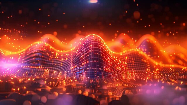 4k science fiction particles background with bokeh, light effects. Luminous red color particles form lines, surfaces, complex structures