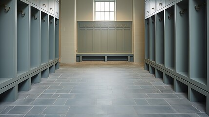 Mudroom combining pale greige lockers and slate blue concrete tile floors.
