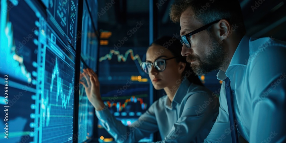 Poster diverse crypto traders analyzing data on computer screen generative ai