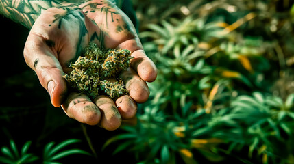 Tattoo hand holds cannabis on plantation. - obrazy, fototapety, plakaty