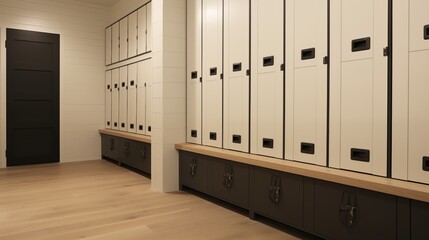 Mudroom in pale blondes and whites with matte black powder coated lockers.