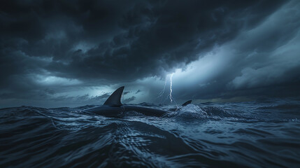 barbatana de tubarão em alto mar com tempestade ao fundo  - obrazy, fototapety, plakaty
