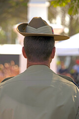 Australian army soldier in uniform and hat on ANZAC Day remembrance parade at Cooroy in Queensland