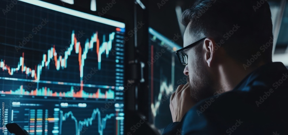 Poster man working at computer monitor generative ai