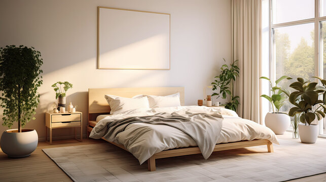 A bedroom with a white bed, a white wall, and a white curtain. There are two potted plants in the room, one on the left side