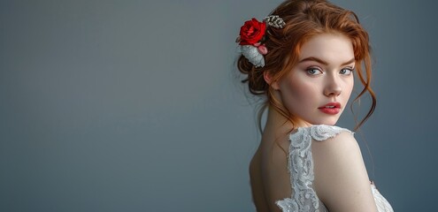 Elegant Bride: Graceful Pose on Grey Background