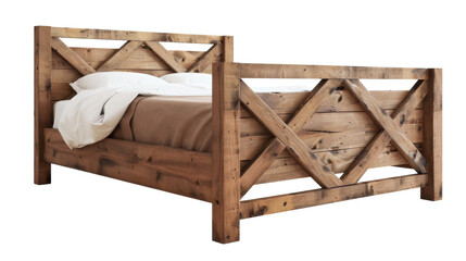 A wooden bed frame adorned with a soft white blanket