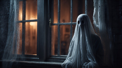 Halloween ghost near window at night  - obrazy, fototapety, plakaty