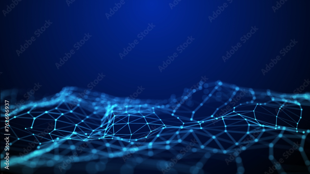Poster a wave of connecting lines and dots. network connection. abstract background of white dots and blue 
